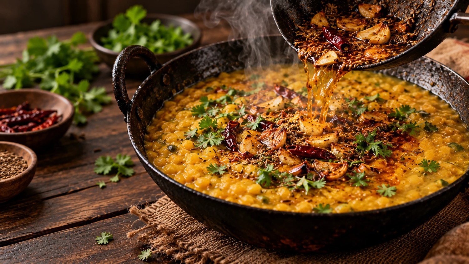 Daal Karahi — Slow-cooked lentils finished with a garlic tarka at the last moment.