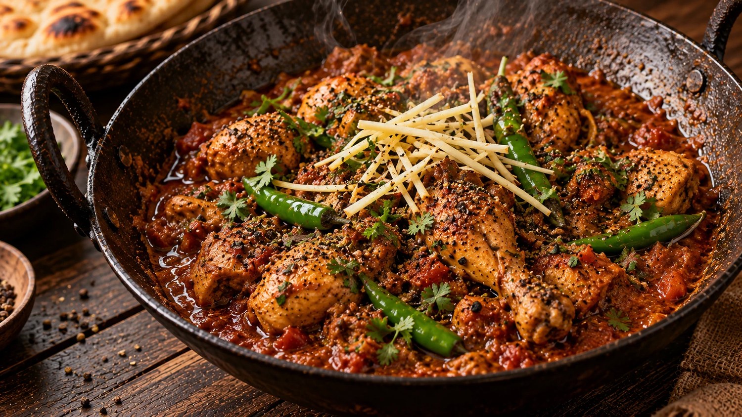 Chicken Karahi, full — Straight off the flame in its iron wok, green chilli still whole on top.