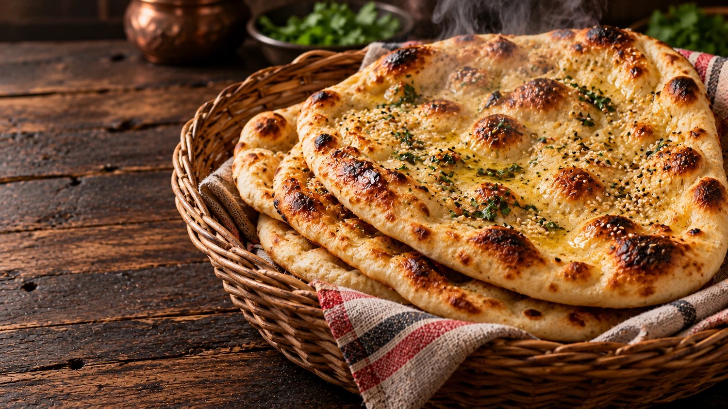 Naan, straight to the table — Kabul naan and roghni naan, still too hot to hold properly.
