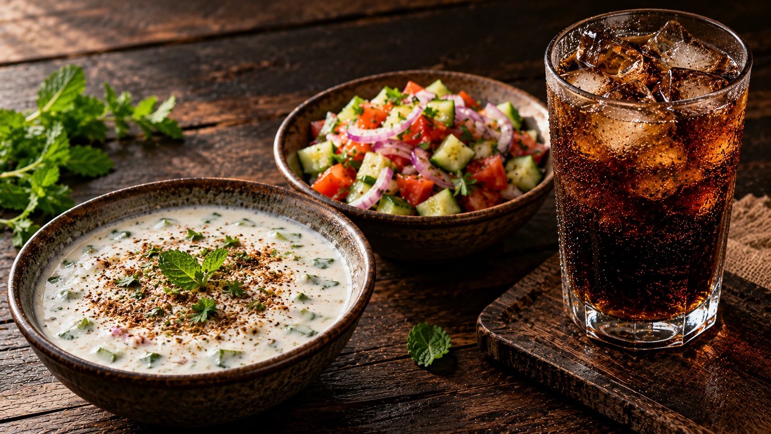 The small things — Raita, salad and something cold — one riyal each, and the table is complete.